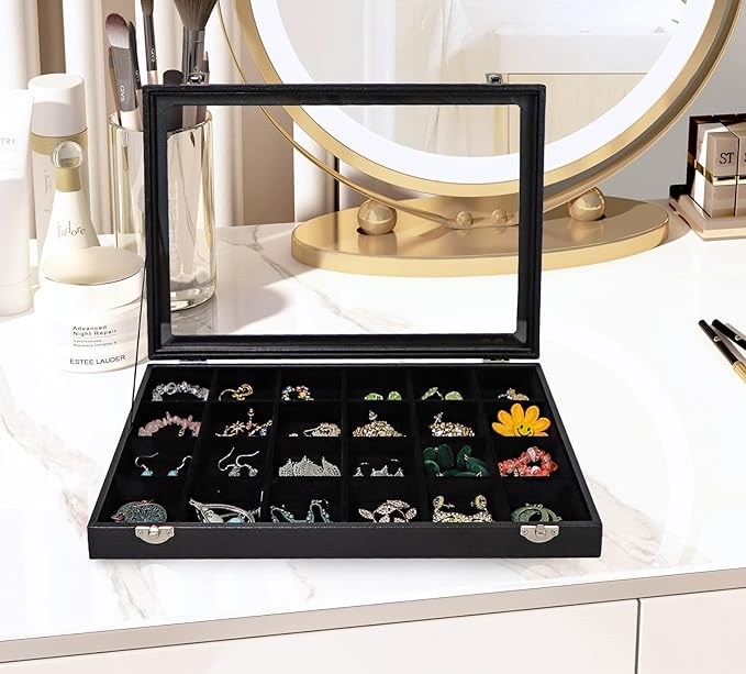 Wudygirl Jewelry Organizer 24 Grid Earring Organizer with Glass Lid Adjustable Jewelry Box Jewelry Display for Rings Necklace
