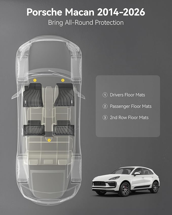 3W Floor Mats Compatible for Porsche Macan 2014-2025 2026 TPE All Weather Custom Fit Floor Liner 1st and 2nd Row Car Mats Black