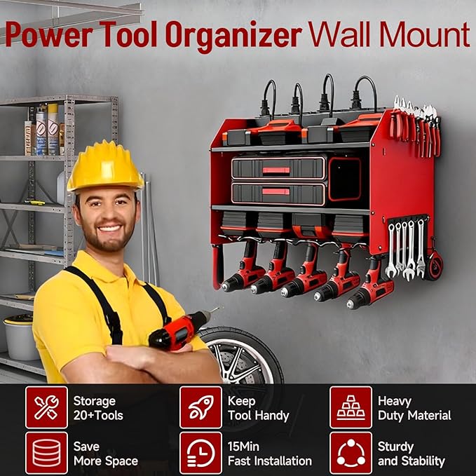 Power Tool Organizer Wall Mount with Charging Station, Heavy Duty 3 Layers Tool Storage Rack with 4 Cordless Drill Holder, Ba