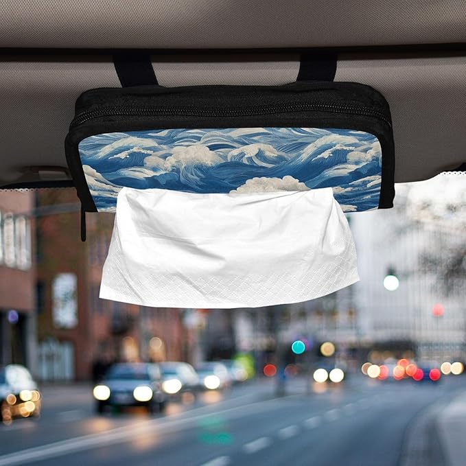 Car Tissue Holder Car Visor Organizer Tissue Box Holder for Car Sun Visor Organizer with Car Vehicle Accessories Essentials Interior for Women Men Blue Waves WhiteFoam Textures