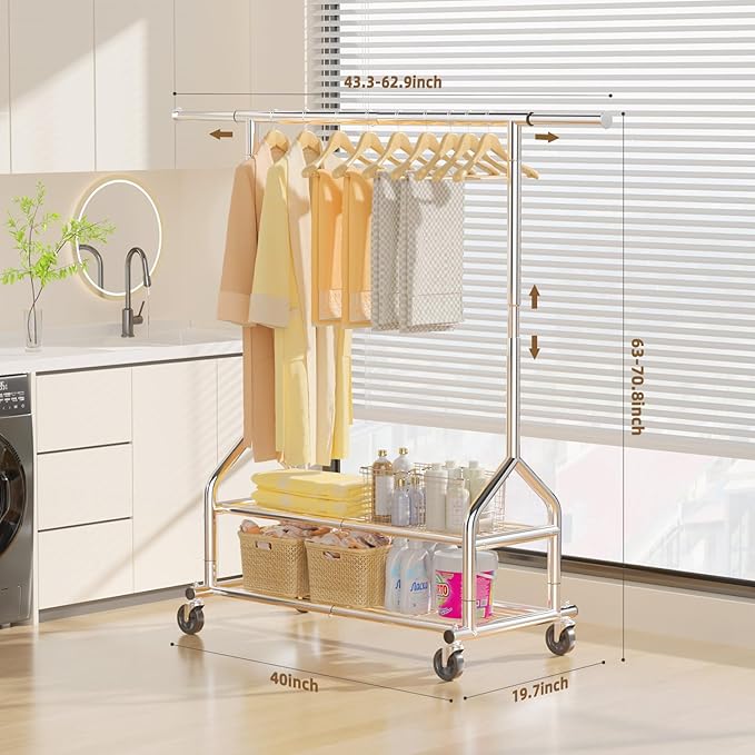 EAGMAK Heavy Duty Clothes Rack Load 556 LBS, Rolling Clothing Rack With Shelves, Height Adjustable Metal Clothes Hanger with 