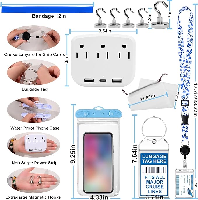 Cruise Essentials 2026 for Travel - Lanyards with ID Holders, Waterproof Phone Pouch, Luggage Tags, Cruise Power Strip, Cruis