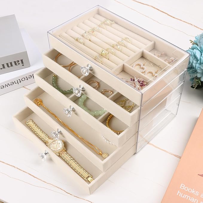 Hyber&Cara Luxury Acrylic Jewelry Box Organizer - 5 Drawers Velvet Lined Clear Stackable Storage for Earrings Necklaces Rings