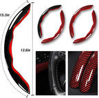 Car Steering Wheel Cover Set Bright Carbon Fiber Wrap Non-Slip 3pcs Steering Wheel Accessories 14.5-15 inch Universal (Black Red)