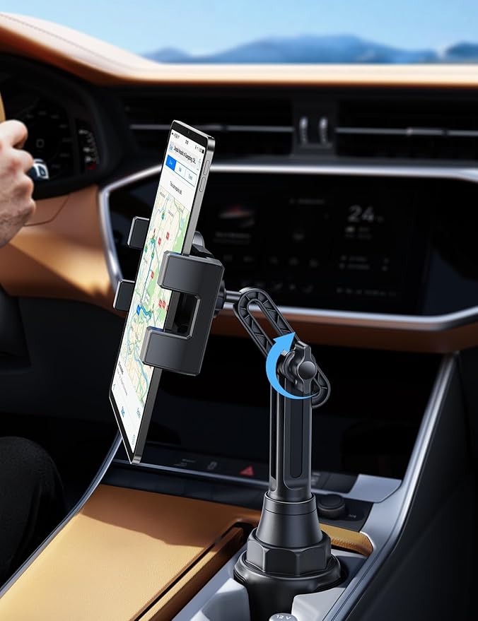 Lamicall Car Cup Tablet Holder - [15" Height Adjustable][ Fast Setup] Cup Holder Phone Holders, Multi Angle Car Mounts as Gifts for 5.2-13" iPad Pro 2025, Air, Mini, iPhone 17e, Car Accessories
