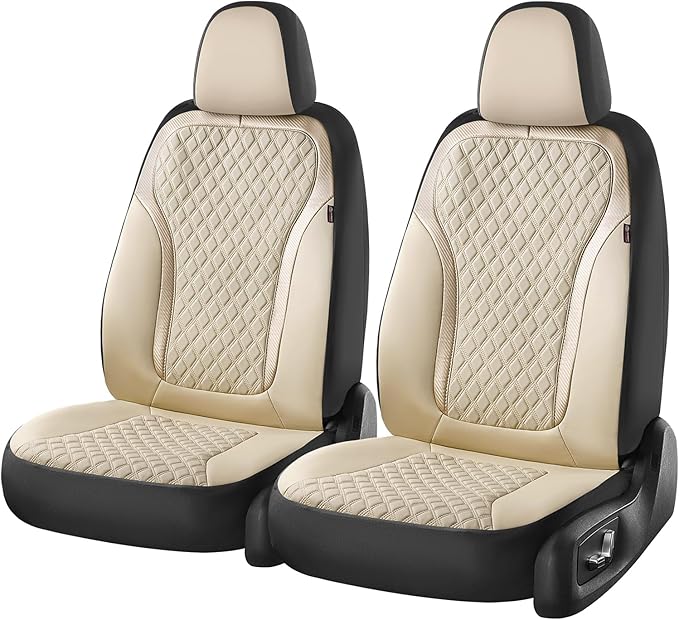 Coverado Car Seat Covers Full Set, Beige Car Seat Covers, Luxury Leather Car Seat Cover with Carbon Fiber Textured Design, Sp