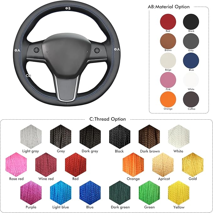 MEWANT Hand Stitched Steering Wheel Cover for Tesla Model 3 2017-2023 / Model Y 2020-2023 for Tesla Model 3/Y Accessories