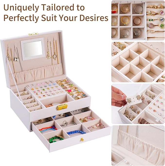 coobest Jewelry Box, 2 Layer Jewelry Organizer with Velvet Earring Organizer, Jewelry Holder Organizer Travel, White Jewelry 