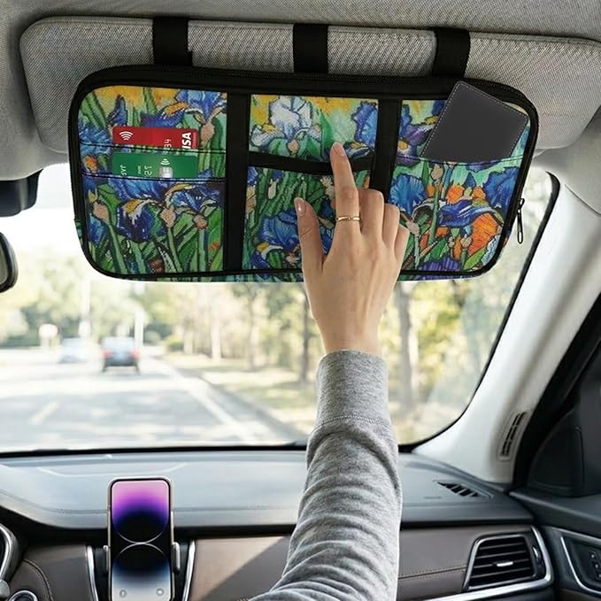 Irises Car Sun Visor Organizer Storage Card Holder Car Storage Bag, Zipper Auto Sunshade Organizer Bag Auto Interior Accessories Truck SUV Storage Pouch Holder