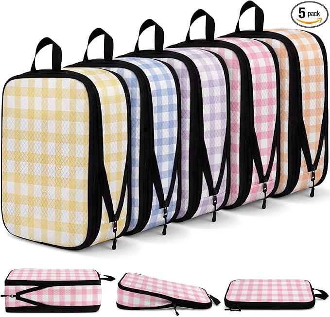 5 Pack Compression Packing Cubes for Travel Space Saving Cubes Luggage Organizer for Suitcase(Plaid,L)