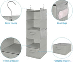 MAX Houser 5 Tier Shelf Hanging Closet Organizer, Cloth Hanging Shelf with 2 Sturdy Hooks for Storage, Foldable (Light Grey-D