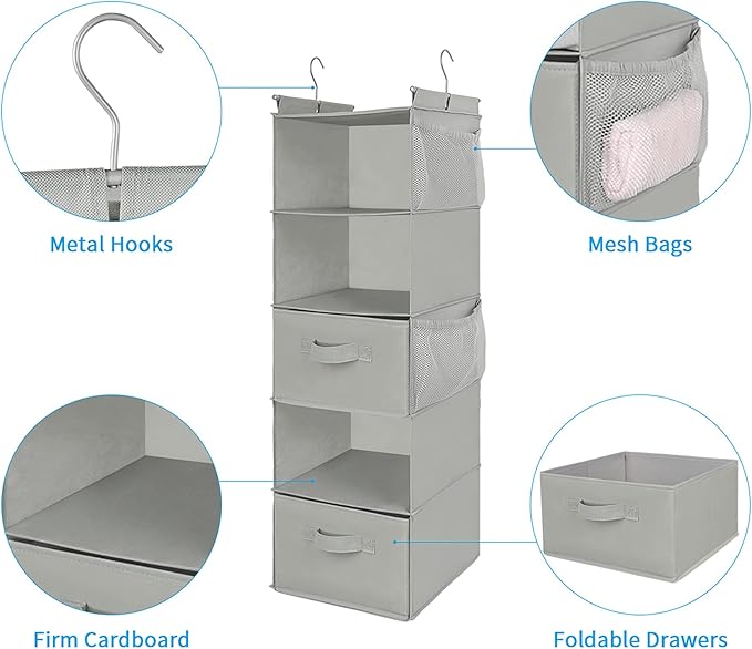 MAX Houser 5 Tier Shelf Hanging Closet Organizer, Cloth Hanging Shelf with 2 Sturdy Hooks for Storage, Foldable (Light Grey-D