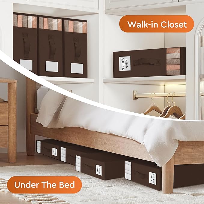 StorageTastic 4 Pack Bed Sheet Closet Organizers and Storage,Sturdy Foldable Storage Containers with Window and Label,Storage
