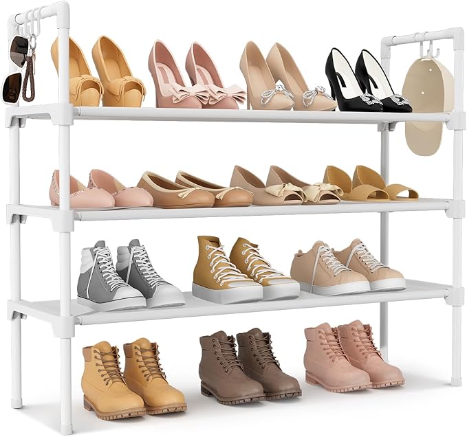 LANTEFUL 3 Tier Shoe Rack for Closet, Shoe Organizer with 5 Hooks, Long Shoe Shelf Storage for Shoe and Boot Stackable Free S