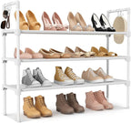 LANTEFUL 3 Tier Shoe Rack for Closet, Shoe Organizer with 5 Hooks, Long Shoe Shelf Storage for Shoe and Boot Stackable Free S