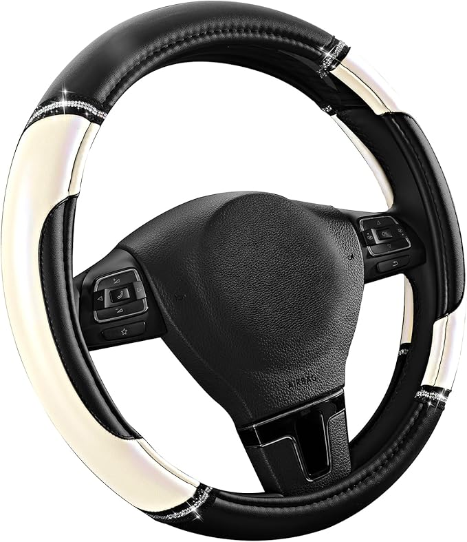 Road Comforts Leather Steering Wheel Cover - Made with PVC Leather - Anti-Slip, Universal Fit 14 1/2 inches to 15 inches - Wh