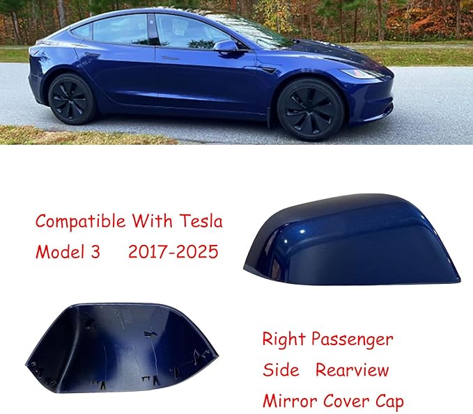 Compatible with Tesla Model 3 Side Mirror Cover Replacement 2017 2018 2019 2020 2021 2022 2023 2024 2025, Right Passenger Side Rearview Mirror Cover Cap for Model 3 Accessories(Blue)
