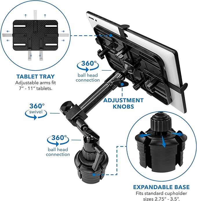 Mount-It! Carbon Fiber Cup Holder Tablet Mount Tablet Holder for Car Truck SUV, Adjustable 7–11 Inch iPad & Tablets, 18" Extension Arm, 360° Rotation, Fits 2.75"–3.5" Cupholders, ELD GPS Holder