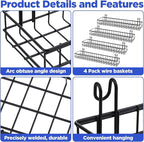 4 Pcs Black Metal Grid Wall Baskets with Hooks, Hanging Wire Storage Organizer Shelf for Kitchen Bathroom Office, 15.75 x 3.9