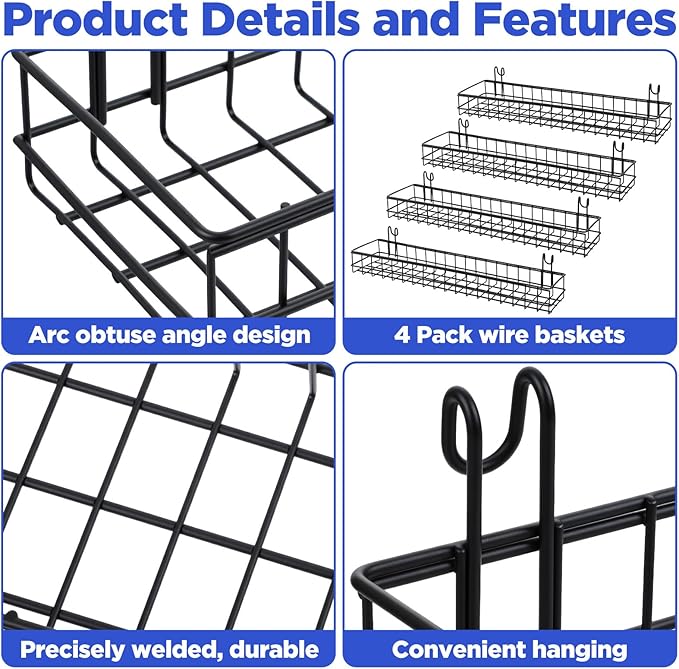 4 Pcs Black Metal Grid Wall Baskets with Hooks, Hanging Wire Storage Organizer Shelf for Kitchen Bathroom Office, 15.75 x 3.9