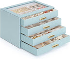 AKOZLIN Jewelry Box with Clear Lid Functional Leather Jewelry Storage Organizer Case 4 Drawers for Women Girls Necklace Ring 
