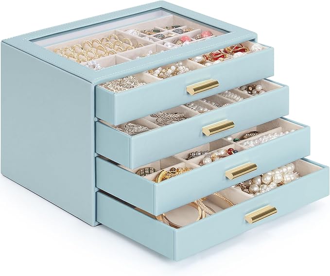 AKOZLIN Jewelry Box with Clear Lid Functional Leather Jewelry Storage Organizer Case 4 Drawers for Women Girls Necklace Ring 