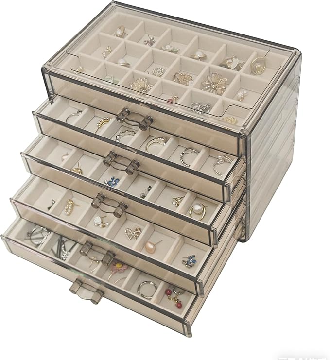 Acrylic Earring Holder Organizer with 5 Drawers Clear Earring Organizer Box with 90 Adjustable Grids Velvet Earring Display C