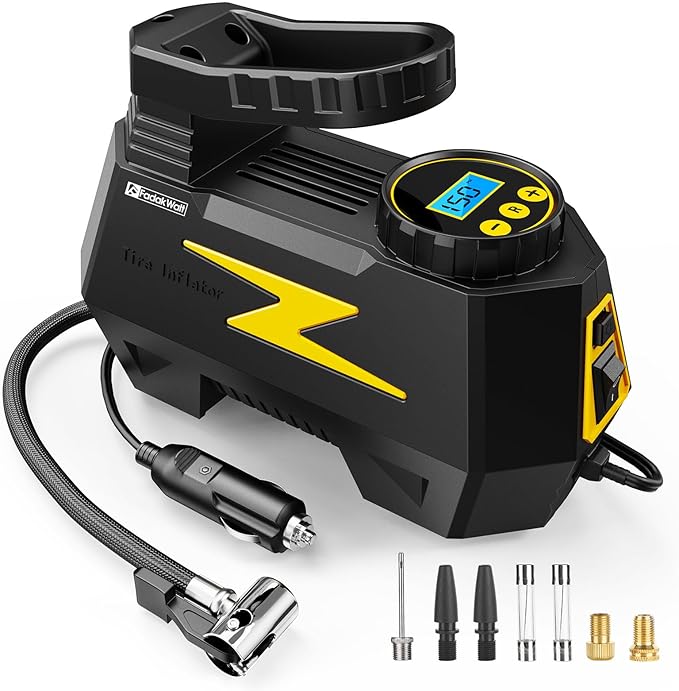 FADAKWALT Tire Inflator Portable Air Compressor, DC 12V Tire Air Pump with LED and 150PSI Digital Pressure Gauge, Portable Tire Inflator for Car Tires, Motorcycles, Bike, Ball (Yellow)