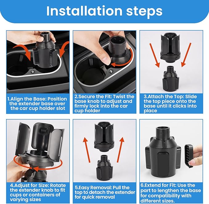 Cup Holder Expander for Car with Adjustable Holder & Base, Compatible with 10-64oz Yeti Ramblers, Hydro Flask, Nalgene, Stanl