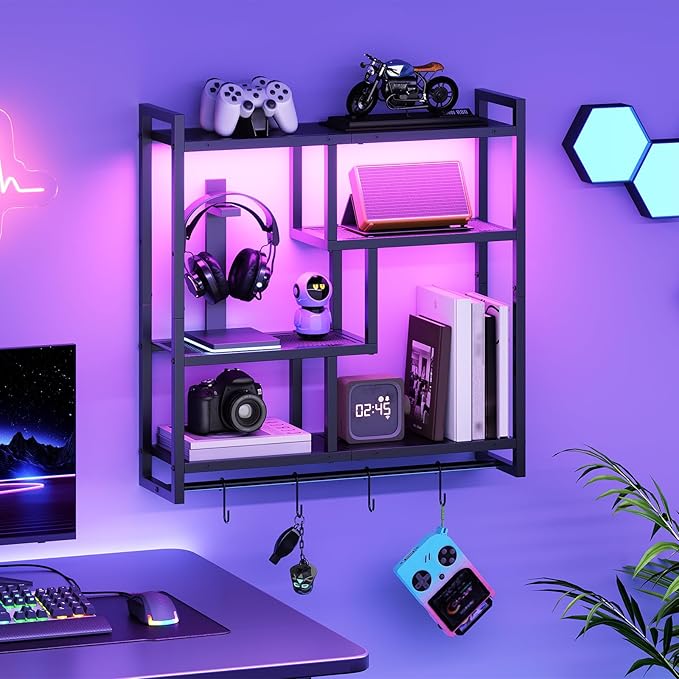 HOOBRO Gaming Floating Shelves with LED Lights, 28.7" LED Wall Mounted Shelf, 4-Tier Floating Wall Shelf for Storage, Display
