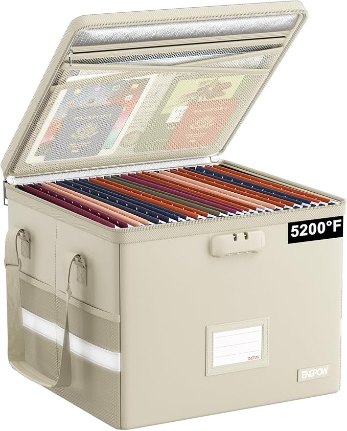 ENGPOW 5200°F File Box Fireproof Document Box with Lock,Heat Insulated Collapsible File Storage Organizer Box with Handle,Por