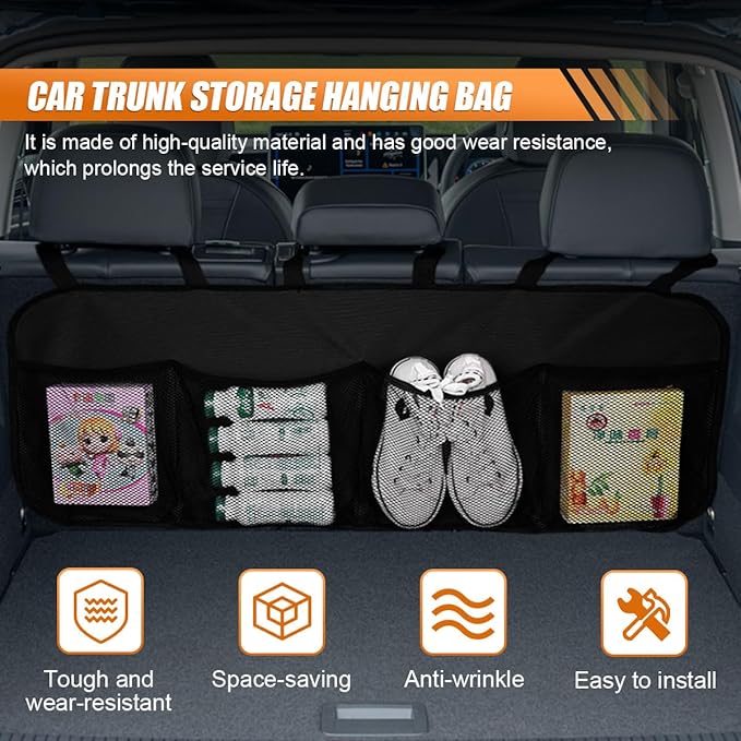 Car Trunk Organizer, Large Capacity Backseat Hanging Storage Bag with 4 Pockets, Waterproof Foldable Car Interior