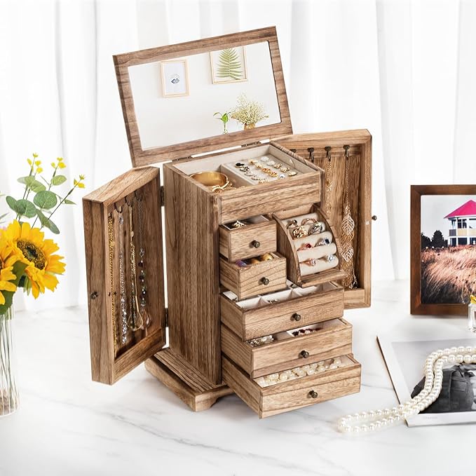 Jewelry Box for Women, Rustic Wooden Jewelry Boxes & Organizers with Mirror & Drawers,6 Layer Jewelry Organizer Box for Rings