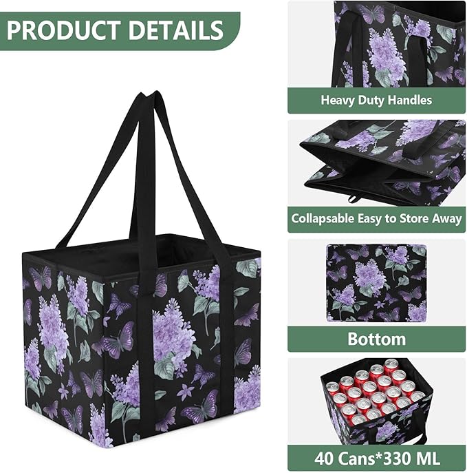 Purple Flowers Reusable Grocery Bags Large Shopping Tote Bag with Reinforced Bottom Board, Water Resistant Foldable Storage B