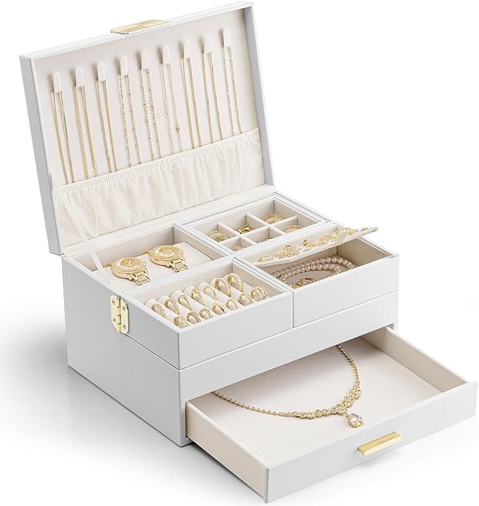 Vlando 3 Layer Jewelry Box - Women Jewelry Box with Retractable Tray - Jewelry Organizers with Drawer for Necklaces, Rings, B