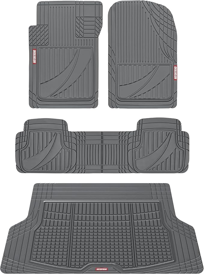 Motor Trend FlexTough Advanced Gray Rubber Car Floor Mats with Cargo Liner Full Set - Front & Rear Combo Trim to Fit Floor Mats for Cars Van SUV, All Weather Automotive Floor Liners