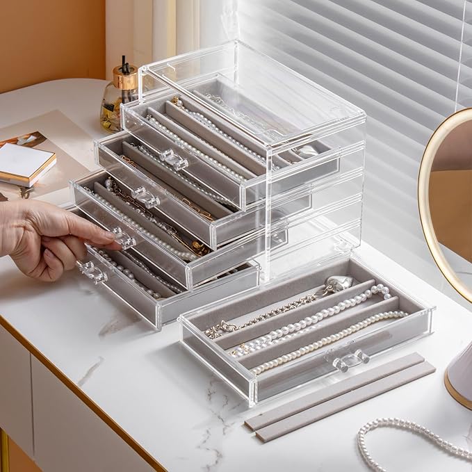 YUFONG Necklace Holder Organizer, Dustproof Necklace Box Velvet Necklace Organizer Box with Lid Clear Acrylic Dustproof Stack
