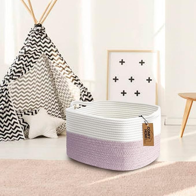 COMFY-HOMI Cotton Rope Woven Medium Basket with Handles for shelf，Cloth Storage Basket for Organizing-13.5X11X9.5 Storage Bin