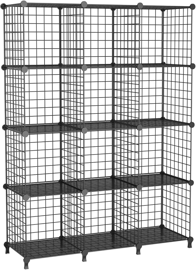 12-Cube Storage Organizer, Metal Wire Cube Shelving Unit, 11.8" L x 11.8" W x 11.8" H, Modular Grid Bookshelf for Closet, Bed