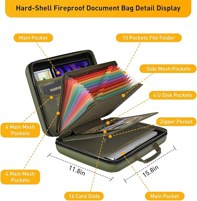 Fireproof Document Organizer Bag, 5200℉ File Organizer Safe Box, Hard Shell Document Bag with 13 Pocket Accordion File Folder