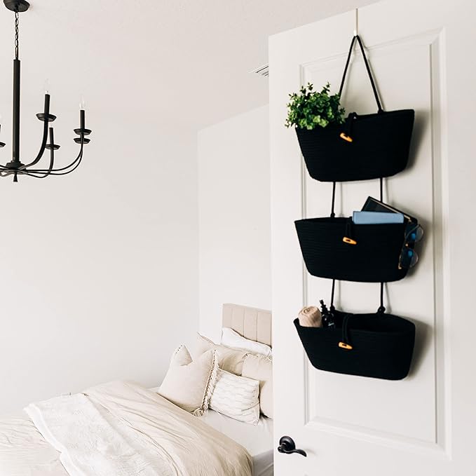 OrganiHaus Black Hanging Wall Baskets for Storage | Hanging Baskets for Bathroom Organizing | Behind Door Storage | Over the 