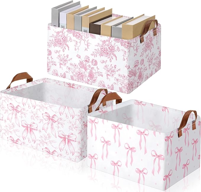 Boao 3 Pcs Pink Bow Storage Bin Coquette Collapsible Large Storage Baskets for Gifts Empty Candy Holiday Decor Canvas Laundry