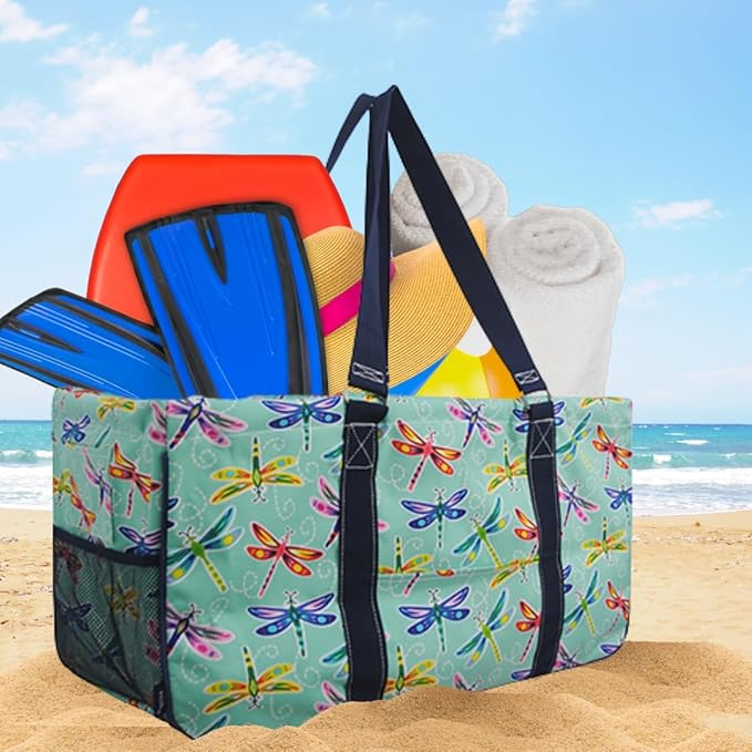 NGIL Extra Large Utility Tote Reusable Grocery Bag Oversized Collapsible for Groceries, Storage, Picnic, Beach (Dragonfly-Navy)