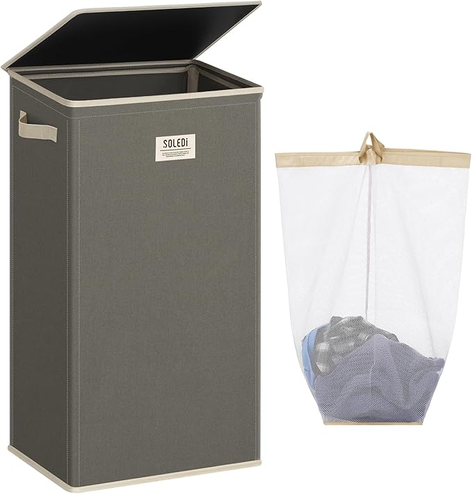 SOLEDI Laundry Hamper with Lid 100L Large & Tall Collapsible Laundry Basket, Clothes Hamper with Bag Removable Easy to Carry,