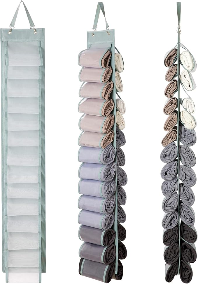 DHSFKBE Legging Organizer Storage, T-Shirt Hanging Closet Hanging Clothes Organizer with 26 Roll Compartments for Yoga Pants,