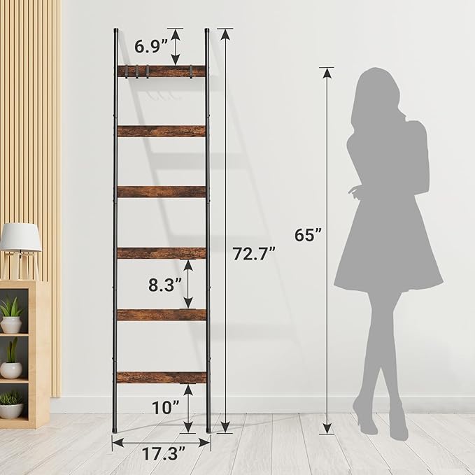ELYKEN Blanket Ladder for Living Room, Farmhouse 6-Tier Quilt Holder with 4 Removable Hooks for Bathroom, Wood Towel Rack Dis