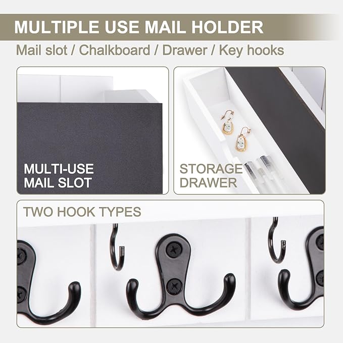 Mail and Key Holder Wall Mount with Storage Drawer – Modern Wooden Mail Organizer for Wall Entryway, 7 Key Hooks & Chalkboard