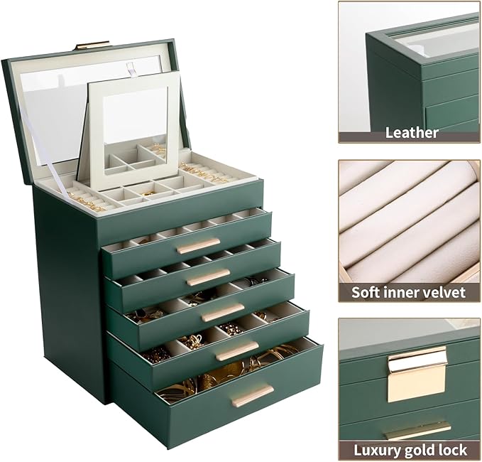 BOOVO Jewelry Box for Women, Green 6 Layer Large Jewelry Organizer with Glass Lid for Necklace, Bracelet, Earrings Storage, J