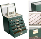 BOOVO Jewelry Box for Women, Green 6 Layer Large Jewelry Organizer with Glass Lid for Necklace, Bracelet, Earrings Storage, J