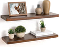 24" Rustic Walnut Wood Floating Shelves, 8 Inch Deep Wall Shelves for Home Decor, Wall Mounted Floating Shelf with Invisible 